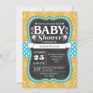 Gold Teal Chalkboard Floral Baby Shower Invite