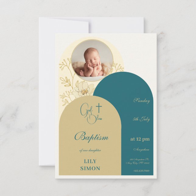 Gold teal christening Baptism RSVP (Front)