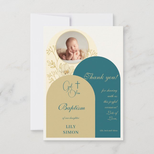 Gold teal christening Baptism Thank You Card (Front)
