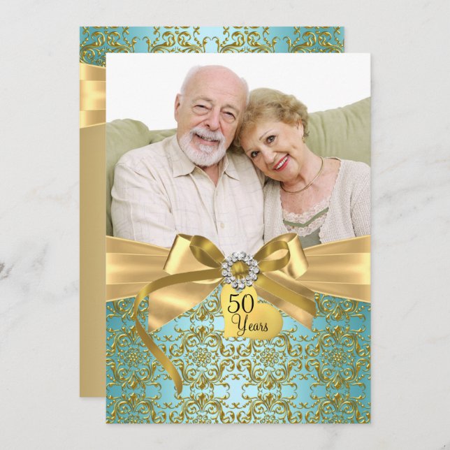 Gold Teal Damask & Bow Photo 50th Anniversary Invitation (Front/Back)