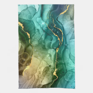 Gold, Teal & Dark Grey Liquid Ink Tea Towel