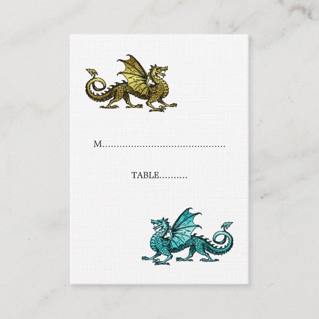 Gold Teal Dragon Wedding Place Card (Front)