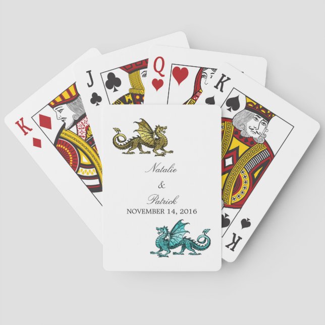 Gold Teal Dragon Wedding Playing Cards (Back)