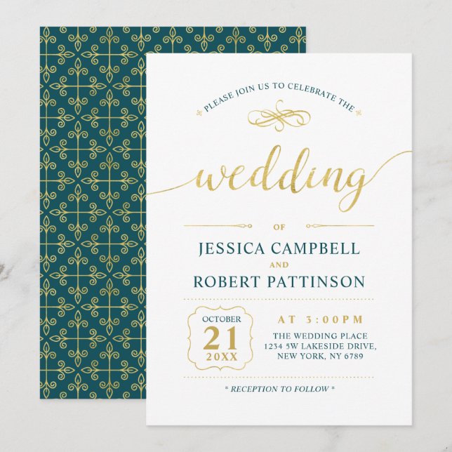Gold & Teal | Elegant Classic Wedding Ceremony Invitation (Front/Back)