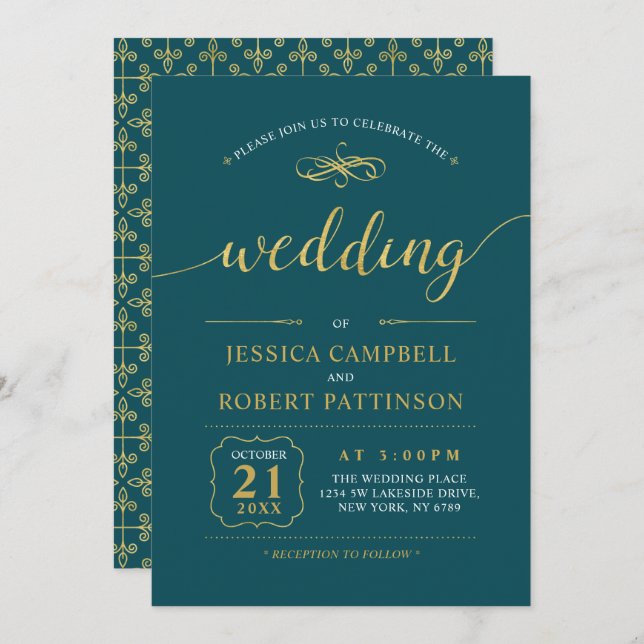 Gold & Teal | Elegant Classic Wedding Ceremony Invitation (Front/Back)