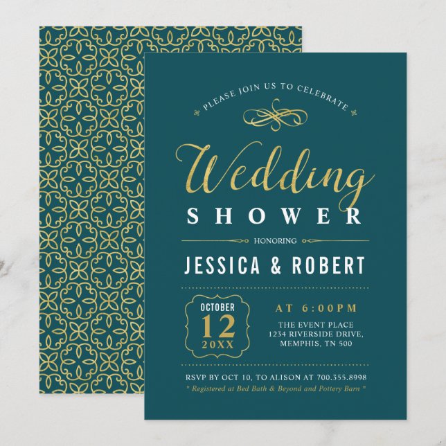 Gold & Teal | Elegant Couples Wedding Shower Invitation (Front/Back)