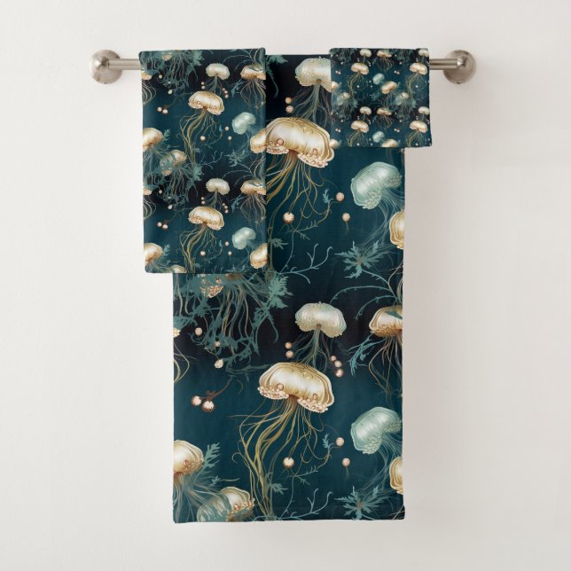 Gold & Teal Ethereal Jellyfish  Bath Towel Set (Insitu)