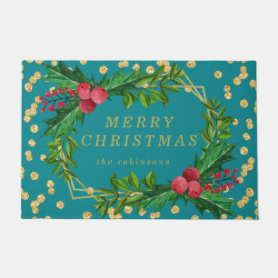 Gold Teal Family Merry Christmas Holly Glitter Doormat