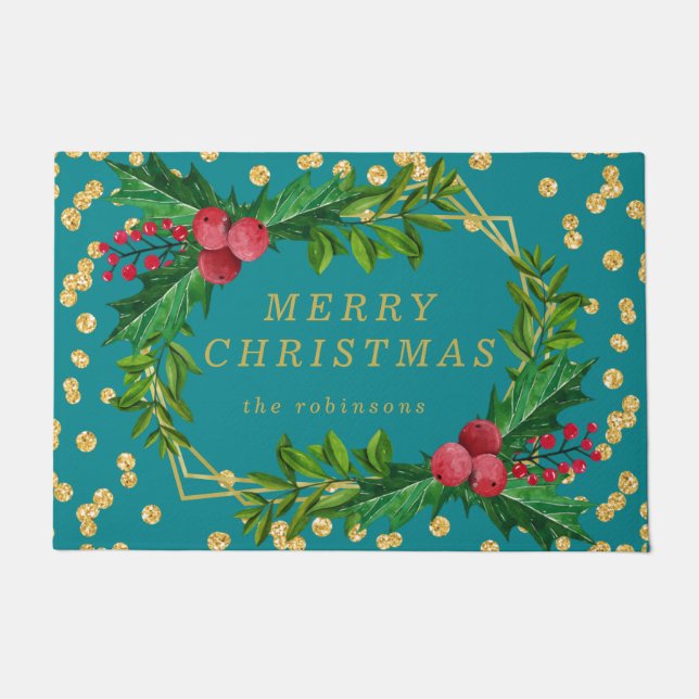 Gold Teal Family Merry Christmas Holly Glitter Doormat (Front)