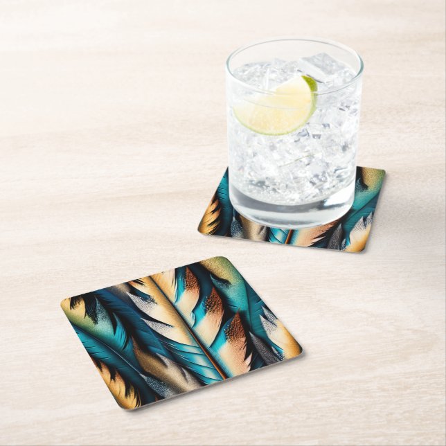 Gold & Teal Feather Art Square Paper Coaster (Insitu)