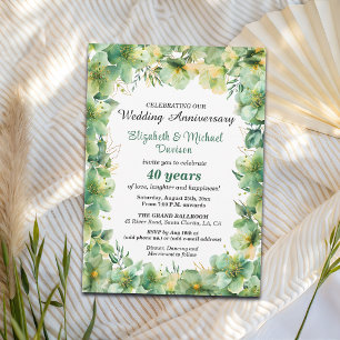 Gold Teal Floral 40th Wedding Anniversary Invitation
