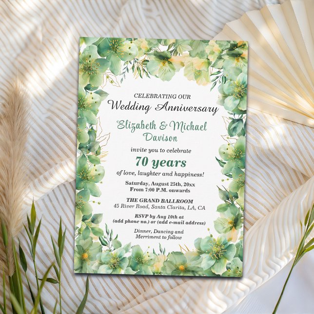 Gold Teal Floral 70th Wedding Anniversary Invitation (Creator Uploaded)