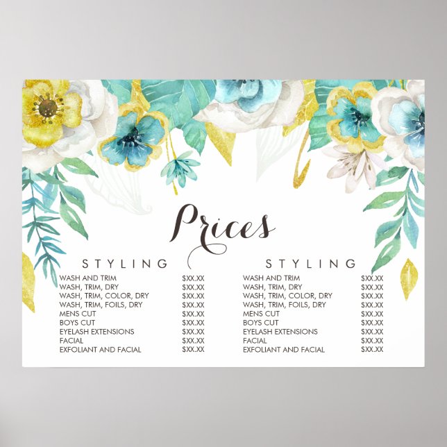 Gold Teal Floral Beautician Menu Price Poster (Front)