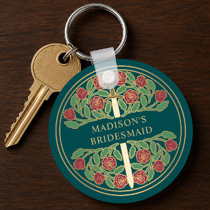 Gold Teal Floral Bridesmaid Royal Wedding Gift Key Ring
