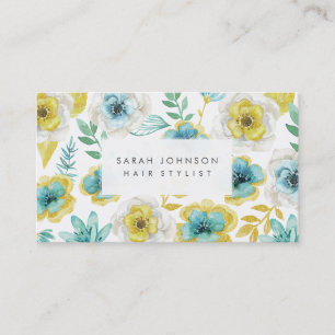 Gold Teal Floral Hair Stylist Business Cards