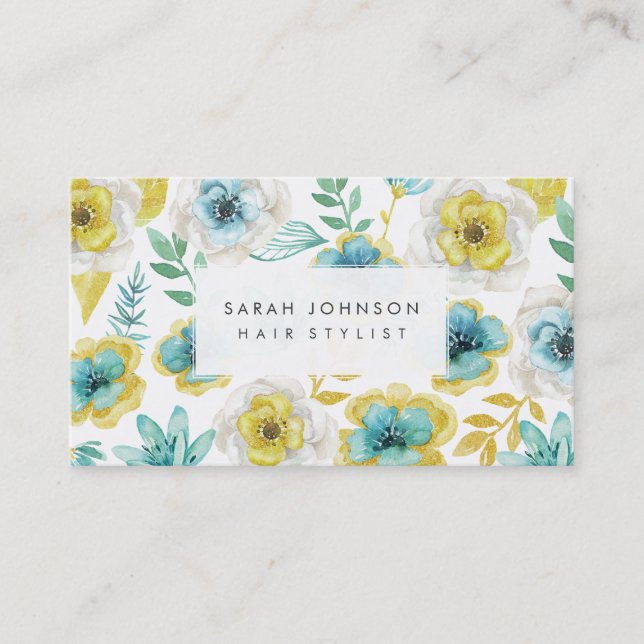 Gold Teal Floral Hair Stylist Business Cards (Front)