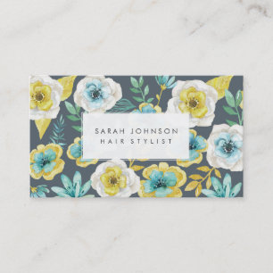 Gold Teal Floral Hair Stylist Business Cards
