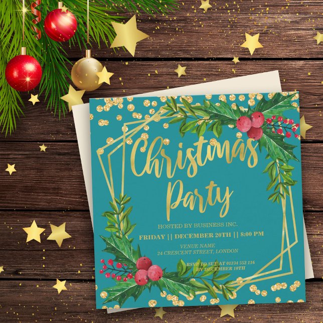 Gold Teal Floral Holly Glitter Christmas Corporate Invitation (Creator Uploaded)