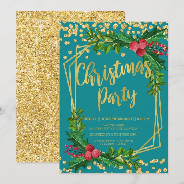 Gold Teal Floral Holly Glitter Christmas Corporate Invitation (Front/Back)