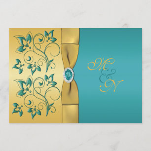 Gold, Teal Floral Monogram Wedding Invitation