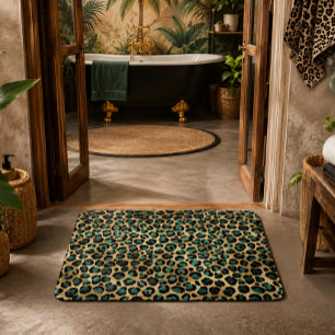 Gold & Teal Glam Leopard Print Bath Mat