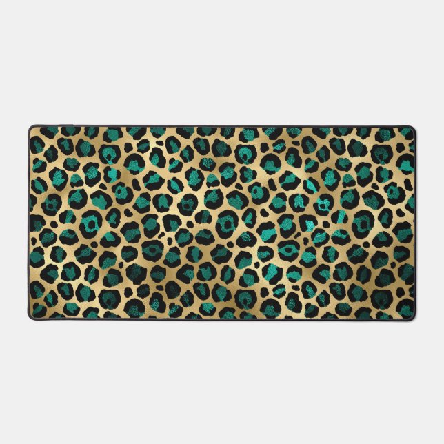 Gold & Teal Glam Leopard Print Desk Mat (Front)