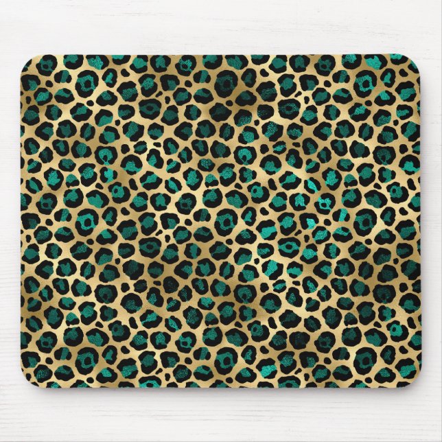 Gold & Teal Glam Leopard Print Mouse Mat (Front)