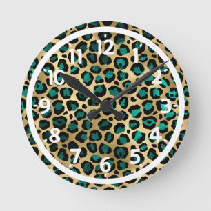 Gold & Teal Glam Leopard Print Round Clock