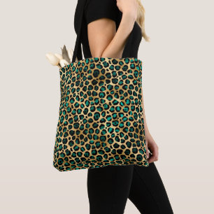 Gold & Teal Glam Leopard Print Tote Bag