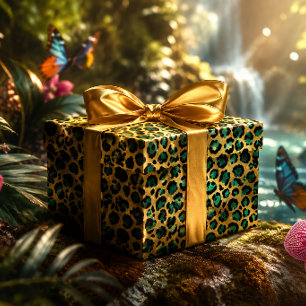 Gold & Teal Glam Leopard Print Wrapping Paper