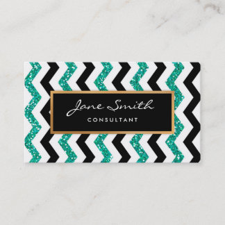 Gold, Teal Glitter, Black & White Chevron Pattern Business Card