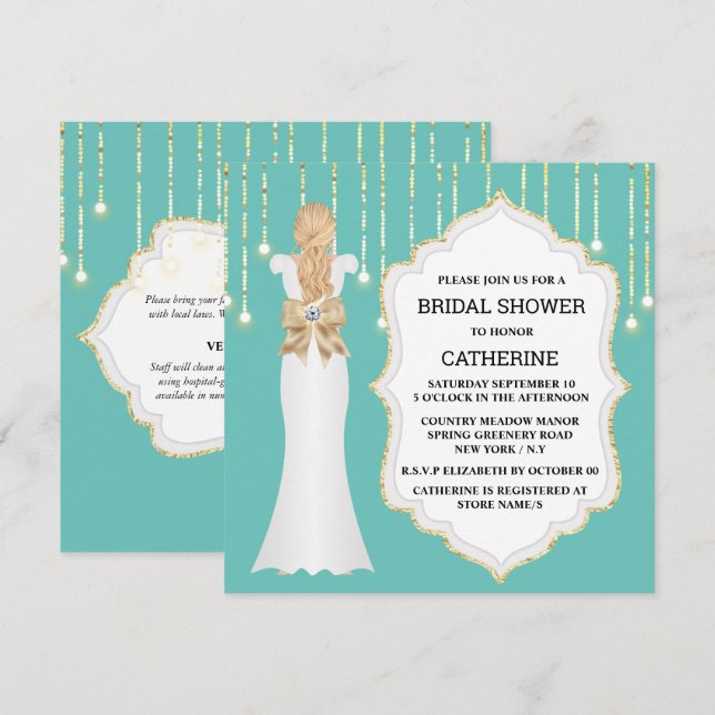 Gold teal glitter bride dress elegant shimmer chic invitation (Front/Back)