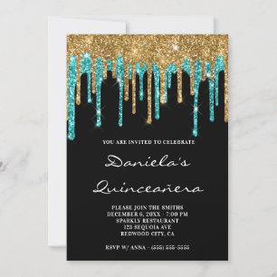 Gold Teal Glitter Drips Black Quinceañera Invitation