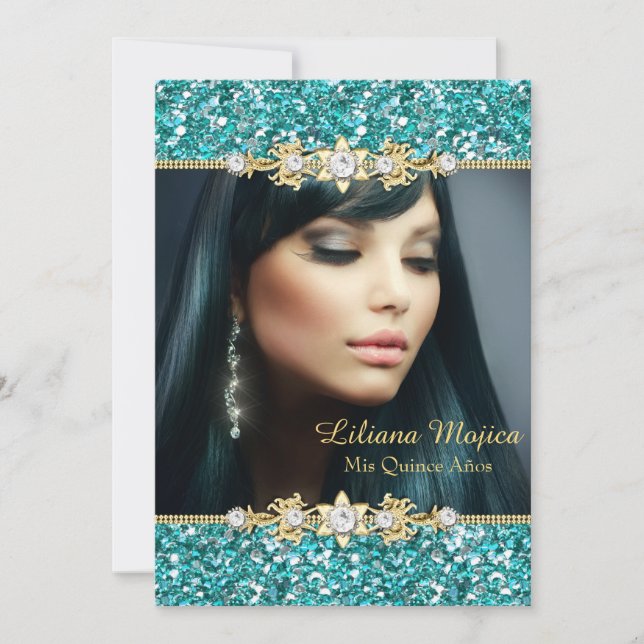 Gold Teal Glitter & Jewel Bow Quinceanera Invitation (Front)