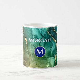 Gold Teal Green Liquid Ink, Monogram & Name Coffee Mug
