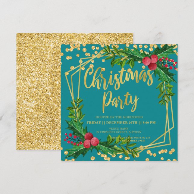 Gold Teal Holly Glitter Christmas Invitatio Invitation (Front/Back)