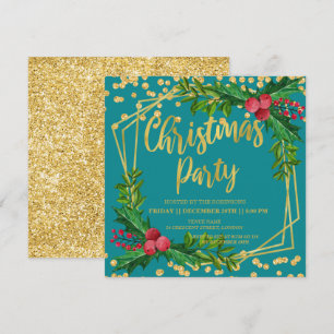 Gold Teal Holly Glitter Christmas Invitatio Invitation