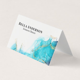 Gold Teal Ink Minimalist Custom QR Code Folded Business Card