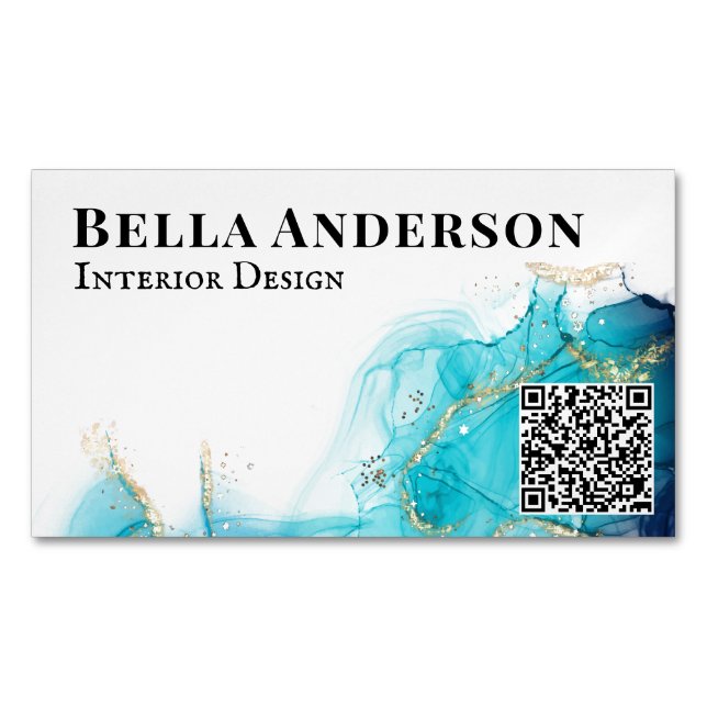 Gold Teal Ink Minimalist Custom QR Code  Magnetic Business Card (Front)