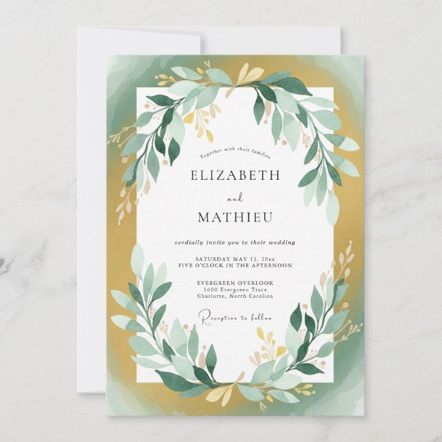 Gold Teal Leafy Wedding Invitation (Front)