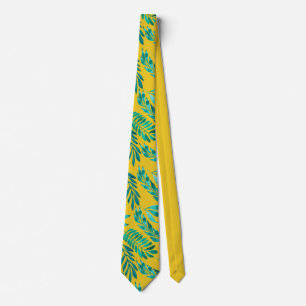 Gold Teal Leaves Foliage Pattern Tie