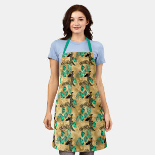 Gold, teal leopard, lady, tropical leaves pattern apron