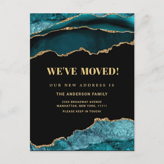 Gold Teal Marble New Address Moving Announcement Postcard (Front)