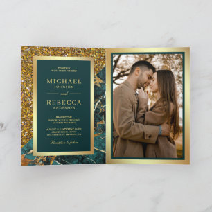 Gold Teal Marble Photo QR Code Wedding Invitation
