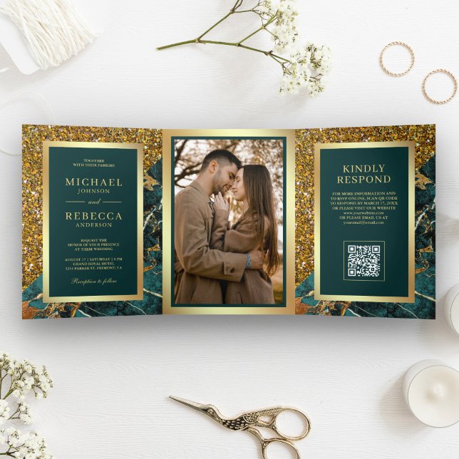 Gold Teal Marble Photo QR Code Wedding Tri-Fold Invitation (Creator Uploaded)