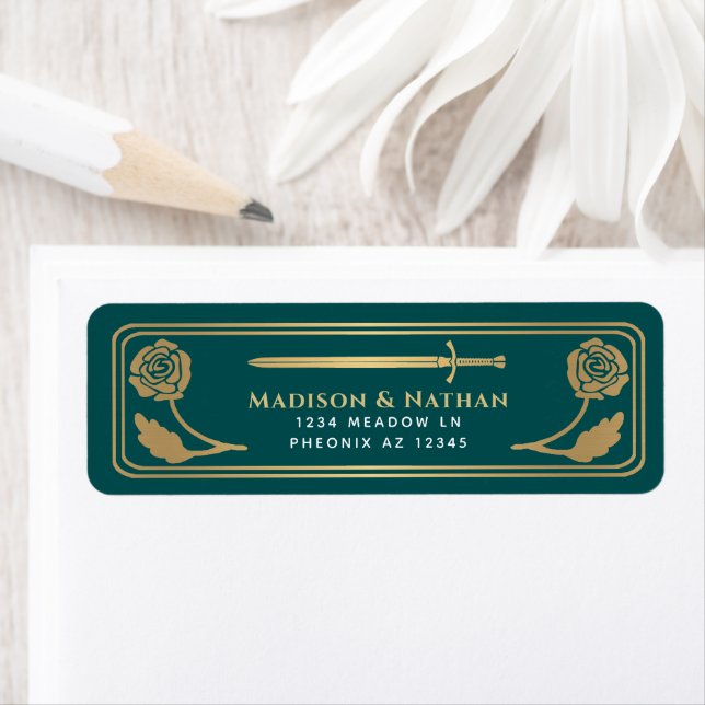 Gold Teal Mediaeval Fantasy Sword Wedding Label (Insitu)