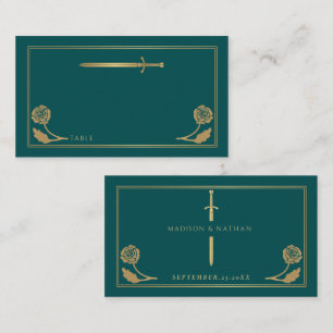 Gold Teal Mediaeval Royal Sword Wedding Place Card