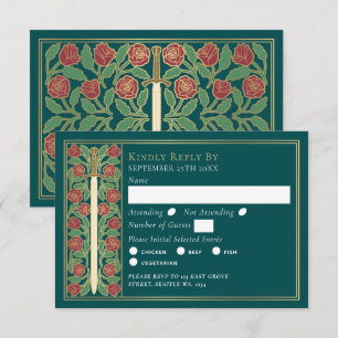 Gold Teal Medieval Floral Sword Wedding RSVP Card