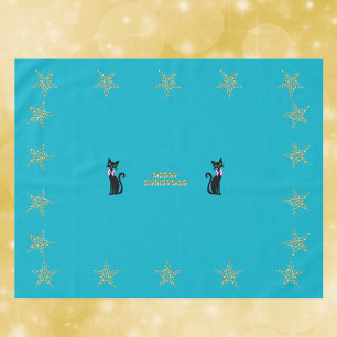 Gold Teal Merry Christmas Cats Stars pink Bows Tablecloth