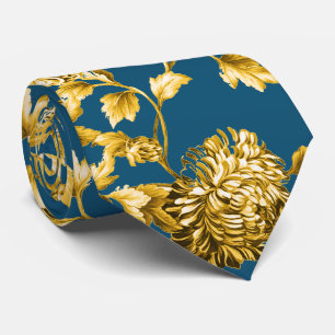 Gold Teal Modern Vintage Botanical Floral Toile Tie